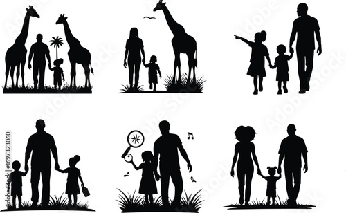 family visiting zoo silhouette, children with giraffe, outdoor wildlife, parents walking kids, nature exploration, black vector illustration, safari adventure scene