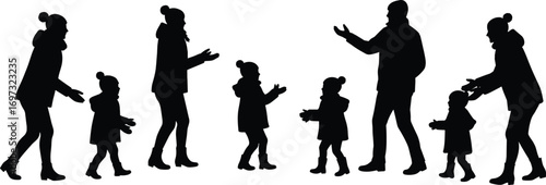 family winter silhouette, children outdoor snow play, parents with kids, snowball fun activity, holiday season, cold weather, black silhouette vector illustration