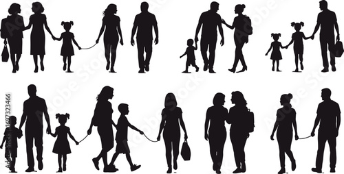 family walking silhouettes, parents holding hands with children, black vector illustration, lifestyle people silhouette, father mother daughter son, walking together
