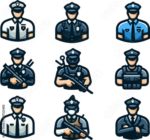 Cartoon vector illustration of police officer characters in action poses with weapons, security shields, police badges, and tactical uniforms for justice, military, and public safety concept artwork