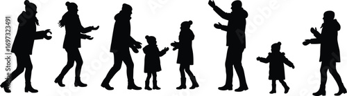 family winter silhouette, children snow play, parents with kids, snowball fight activity, holiday fun, cold weather, black silhouette vector illustration