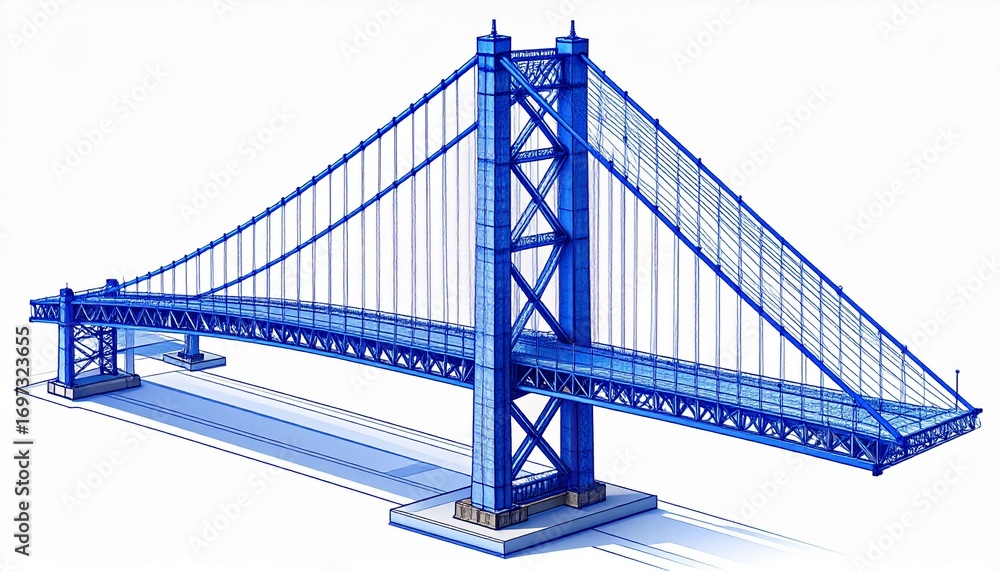Fototapeta premium A stunning blue suspension bridge illustration, with its strong cables and towering structure creating a sense of wonder