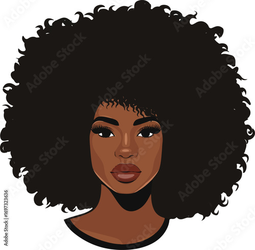 Afro-centric Woman: A striking illustration of a woman with voluminous afro, her gaze captures the essence of grace and individuality.