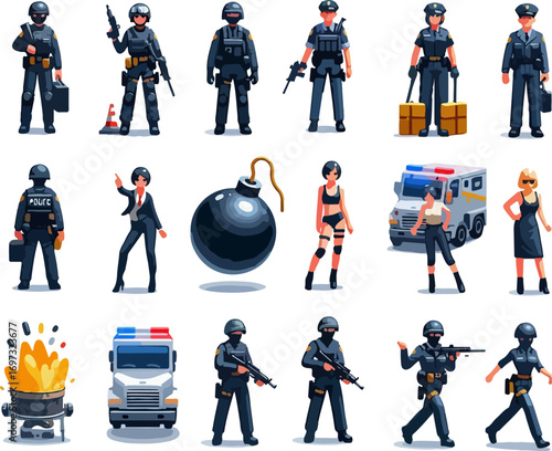 Cartoon vector police officer characters collection wearing tactical uniform with firearms, pistols, rifles, police caps, and security shields for law and order, military enforcement, and security 