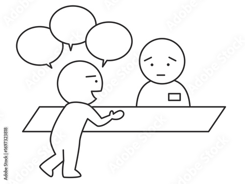 店員に執拗につきまとう顧客のイラスト　カスタマーハラスメントを表すシンプルな棒人間の線画ベクター素材