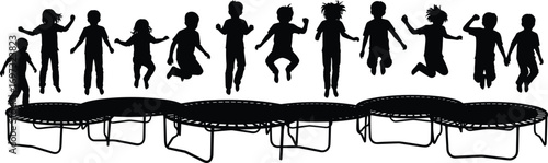 Kids trampoline silhouette, children jumping fun, group outdoor play, energetic activity, joyful bouncing, healthy exercise, childhood happiness, freedom movement, playful lifestyle, fitness