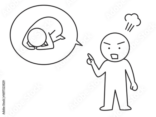 土下座を強要する顧客のイラスト　カスタマーハラスメントを表すシンプルな棒人間の線画ベクター素材