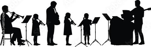 music band silhouette, children playing instruments, family music performance, black vector design, orchestra illustration, kids learning music, creative lifestyle art