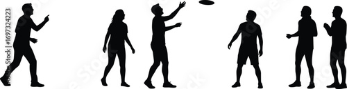 People playing frisbee silhouette, outdoor group activity, friends catching disc, sport recreation, fitness exercise, leisure fun, throwing game teamwork illustration