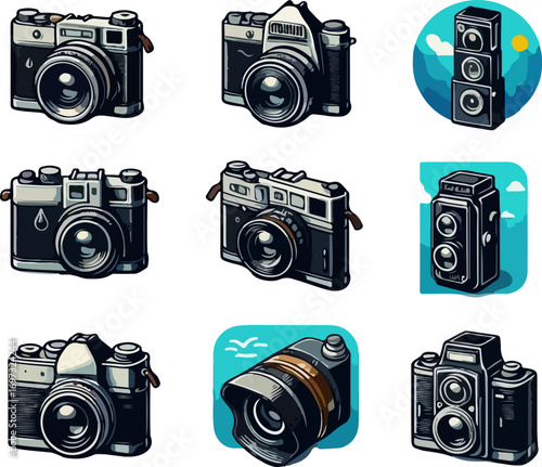 Detailed Vector Illustration of Retro Cameras and Modern Photography Devices as Icon Collection for Web and Print Design.