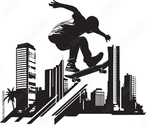 Skateboarder Silhouette Over Cityscape: A silhouetted skateboarder executes a dynamic mid-air trick against a detailed cityscape backdrop, capturing the essence of urban adventure and athleticism.