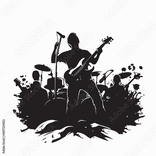 Silhouette vector of rock band performing on stage with cheering audience crowd