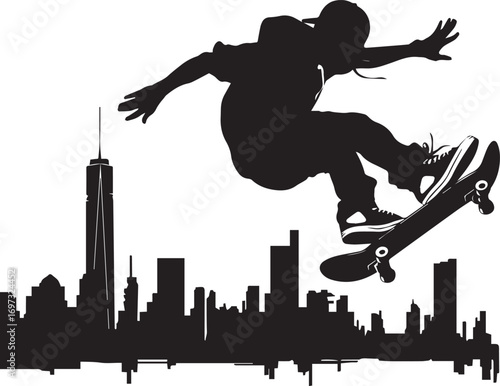 Silhouette of Skateboarder: A dynamic silhouette captures a skateboarder mid-air, performing a daring trick against an urban skyline, embodying the thrill of sport and city life.