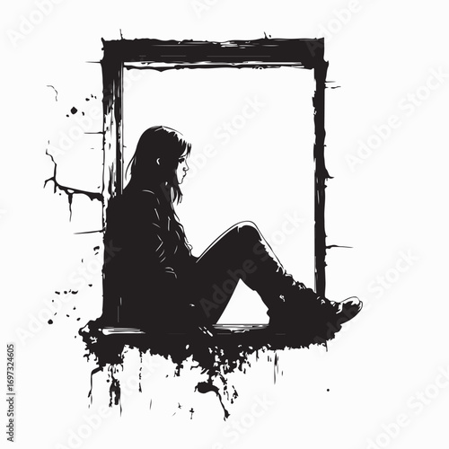 Sad Woman Sitting on the Window of an Abandoned Building Vector Illustration