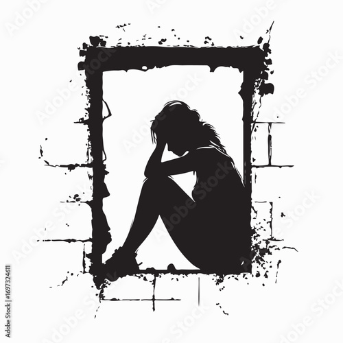 Sad Woman Sitting on the Window of an Abandoned Building Vector Illustration