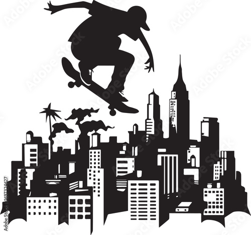 Urban Skateboarder Silhouette: A dynamic silhouette captures the thrill of skateboarding against a detailed city skyline, symbolizing urban lifestyle and youthful energy. 