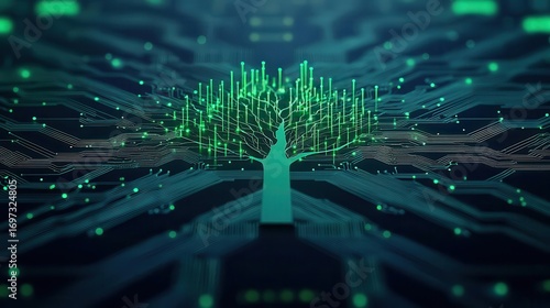 Futuristic digital tree with glowing circuit lines and vibrant green nodes representing technology innovation and digital connectivity in a high-tech environment