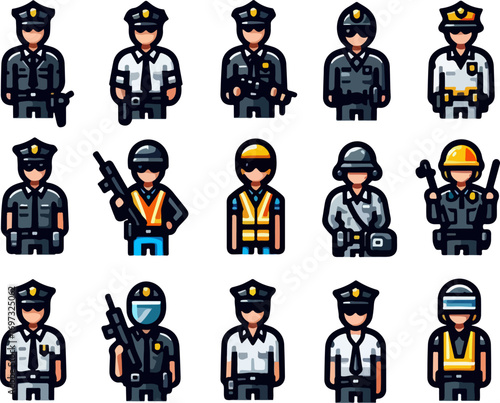 Vector design of cartoon police officer illustrations with different action poses, weapons, pistols, rifles, police hats, security shields, and badges for public safety, justice, and enforcement theme
