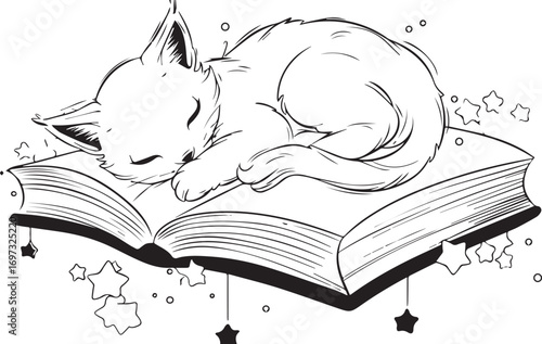 Dreaming Kitten on Enchanted Pages: A sketch of a peaceful kitten slumbering serenely atop a large, open book adorned with delicate stars.