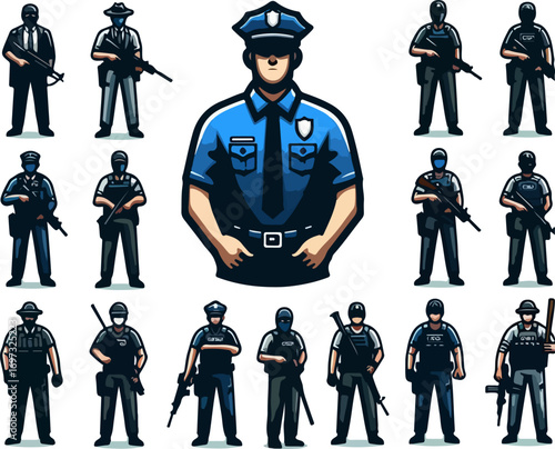 Vector illustration of cartoon police officer characters in tactical uniform with rifles, pistols, and security gear for law enforcement, justice, safety, and public protection concept design