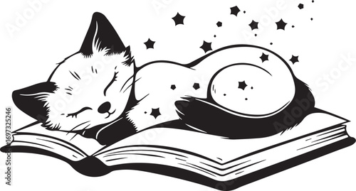 Dreaming Kitty in Cozy Slumber: A cute cartoon cat peacefully dozes off atop an open book, stars gracefully swirling in a dream.