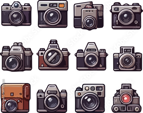 Vector Illustration of Retro Analog Cameras, Polaroid Style Vintage Cameras, and Modern Digital Photography Devices as Icon Collection