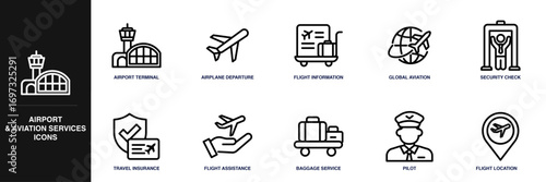 Airport and Aviation Services Line Icon Set
