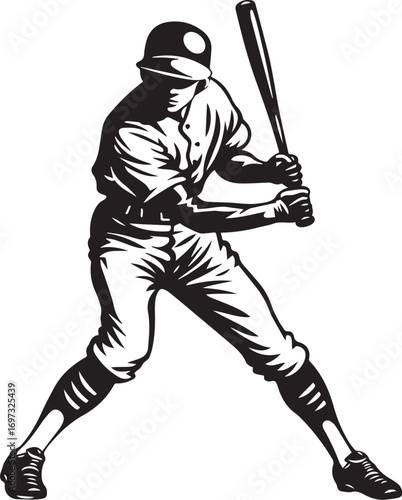 Baseball batter in action: A dynamic black and white illustration showcases a baseball batter mid-swing, capturing the power and focus of the sport with every stroke.