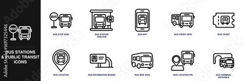 Bus Stations and Public Transit Line Icon Set