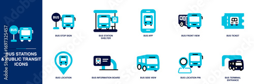 Bus Stations and Public Transit Blue Colored Outline Icon Set