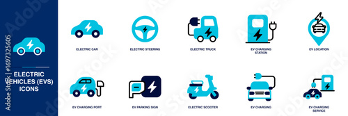 Electric Vehicles (EVs) Blue Colored Outline Icon Set