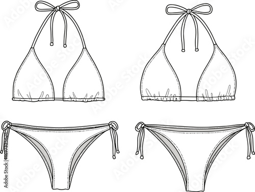 Bikini swimsuit design, CAD drawing flat vector illustration, lingerie template, fashion technical sketch, beachwear outline, apparel pattern, swimwear design, outline