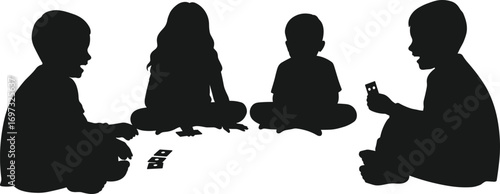 Children playing cards silhouette, kids sitting together, indoor activity, childhood fun, friends playing games, family entertainment, teamwork, social interaction