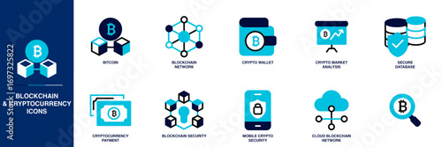 Blockchain and Cryptocurrency Blue Colored Outline Icon Set