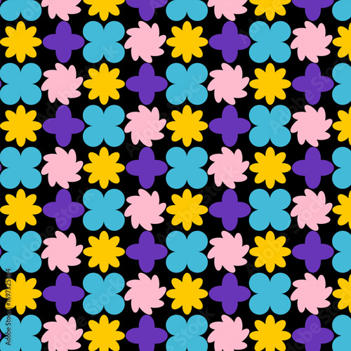 Retro geometric floral seamless patterns. Bright colorful abstract backgrounds. Vector set.
