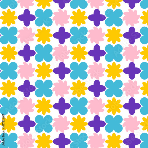 Retro geometric floral seamless patterns. Bright colorful abstract backgrounds. Vector set.
