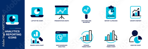 Analytics and Reporting Blue Colored Outline Icon Set
