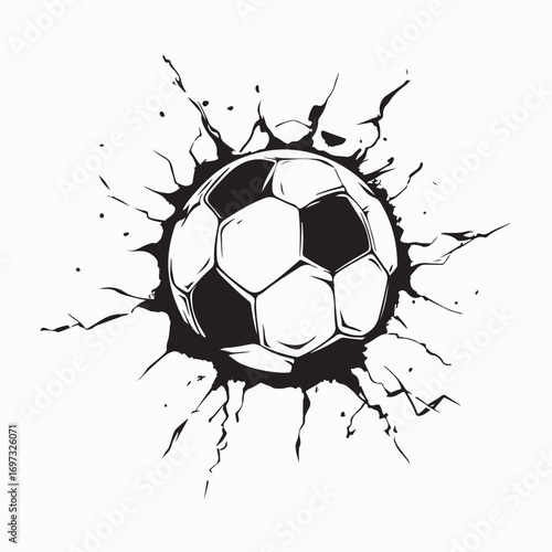 Vector of soccer ball hitting and cracking wall on white background