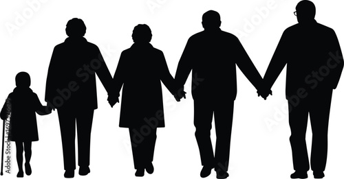 Family silhouette, grandparents with child, people holding hands, lifestyle unity, love, bonding, support, happiness, togetherness, generational connection, outdoor activity
