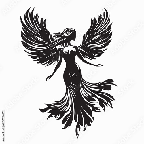 Graceful Angel Dancing with Large Feathered Wings Vector Illustration on white background
