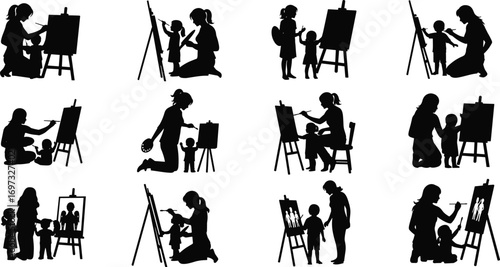 Mother and children silhouette painting, family art activity, creative kids, learning together, drawing, bonding, education, parent child art