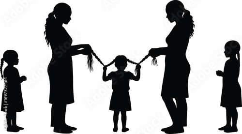 Mother braiding daughter hair silhouette, family bonding, parenting moment, child hairstyle, caring mother, love connection, children family relationship, daily life