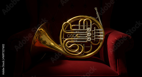 A golden French horn resting on a red velvet cushion, illuminated against a dark background, showcasing its intricate design.
