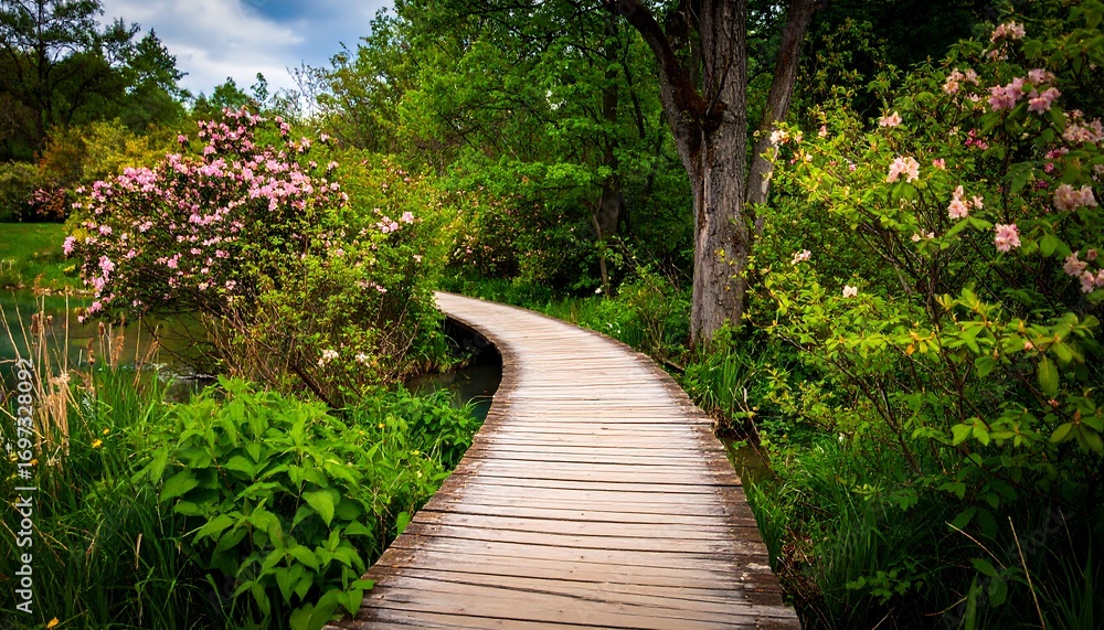Fototapeta premium Wooden path winding through a lush garden