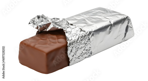 Delicious chocolate candy bar partially unwrapped in shiny silver foil wrapper ready to eat a sweet treat for dessert or a quick snack on transparent background