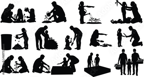Silhouette family gardening together, children planting, parents teaching, watering plants, harvesting vegetables, teamwork, eco lifestyle, nature care, sustainability, outdoor activity
