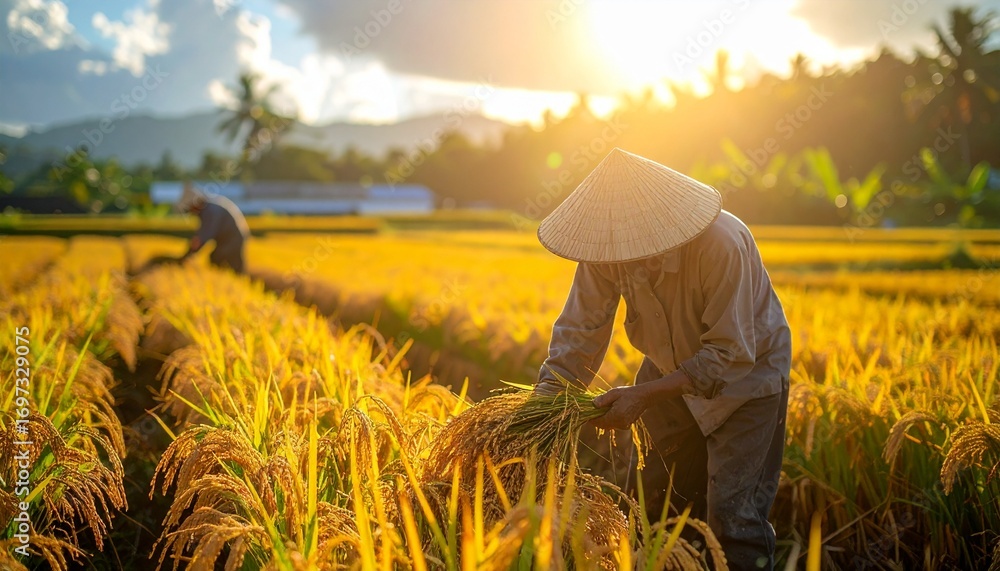 Fototapeta premium Rice Harvesting in Rural Fields,Farmers working in golden rice fields during harvest season in Asia.