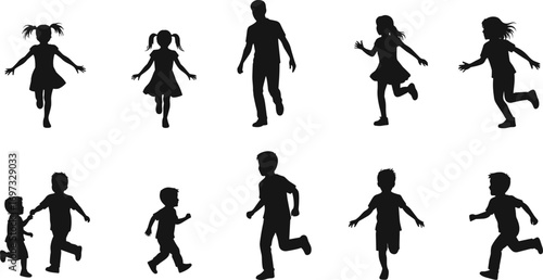 Silhouette of children running, kids playing together, childhood activity, outdoor fun, happy boys and girls, active lifestyle illustration
