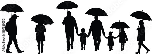 Silhouette of family walking with umbrellas, rainy day, parents and children together, weather protection, lifestyle, unity, love, relationship