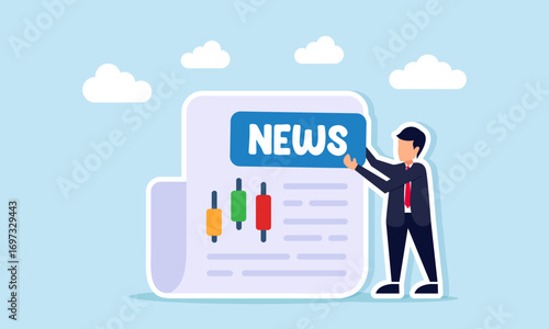 Businessman placing a board with text news on a newspaper containing candlestick illustration of stock index market update